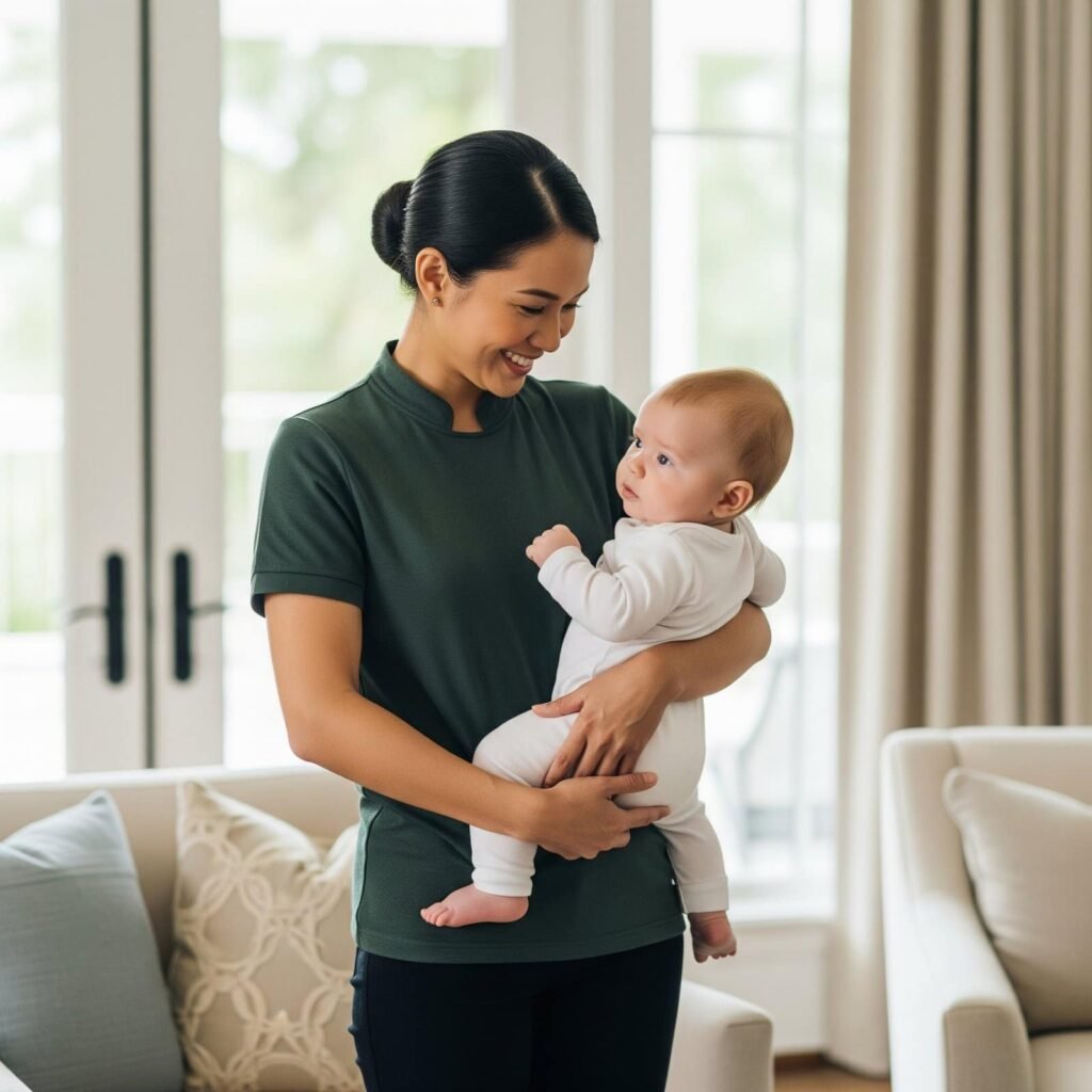 Happy mother with baby in a cozy living room.