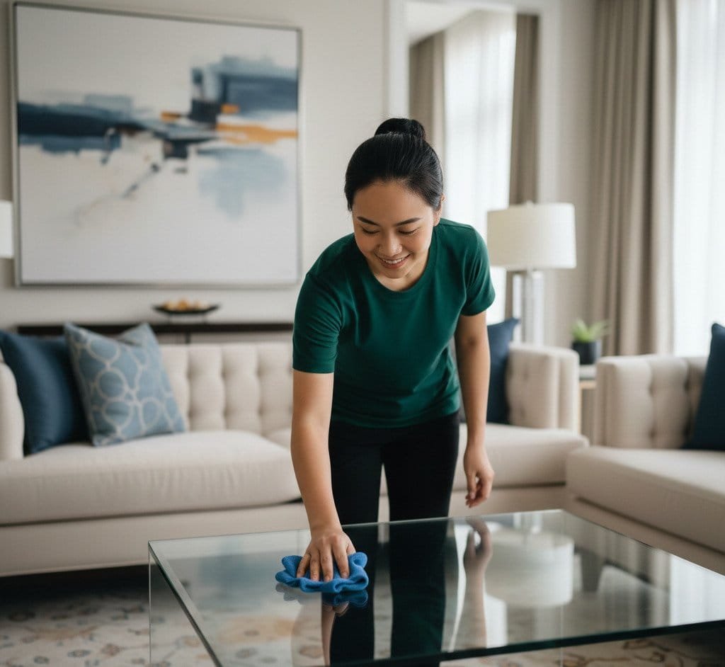 Woman cleaning glass table in modern living room for a tidy home.